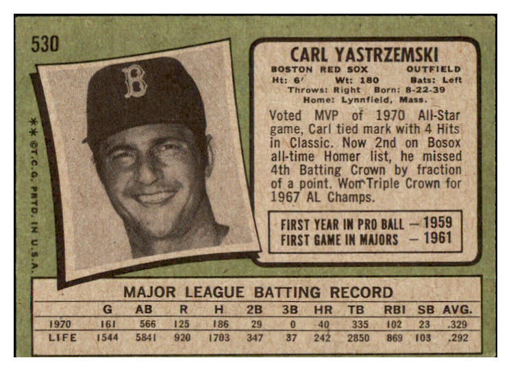 1971 Topps Baseball #530 Carl Yastrzemski Red Sox Ex+ 505602
