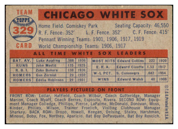 1957 Topps Baseball #329 Chicago White Sox Team EX 505676