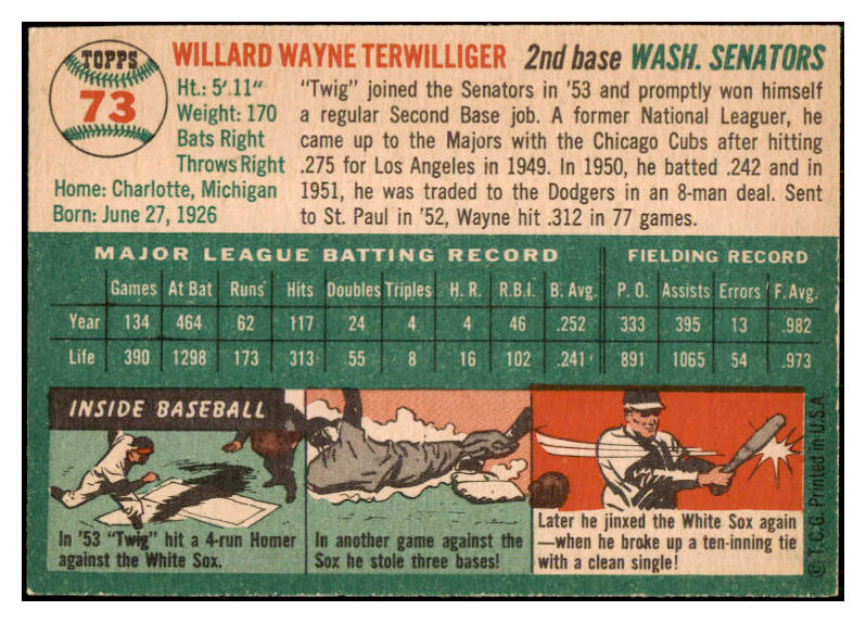 1954 Topps Baseball #073 Wayne Terwilliger Senators NR-MT 506319