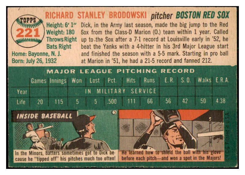 1954 Topps Baseball #221 Dick Brodowski Red Sox EX-MT 506433