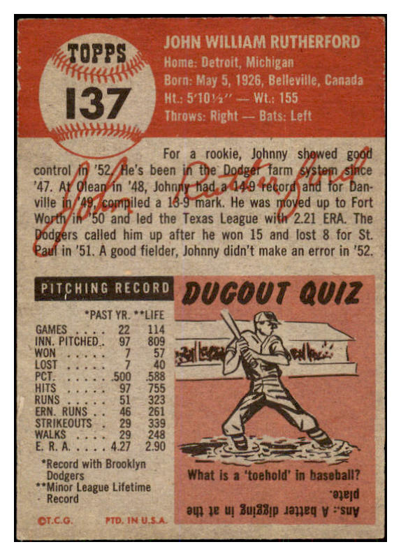 1953 Topps Baseball #137 John Rutherford Dodgers EX-MT 506522
