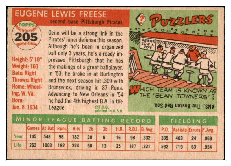 1955 Topps Baseball #205 Gene Freese Pirates VG-EX 506551