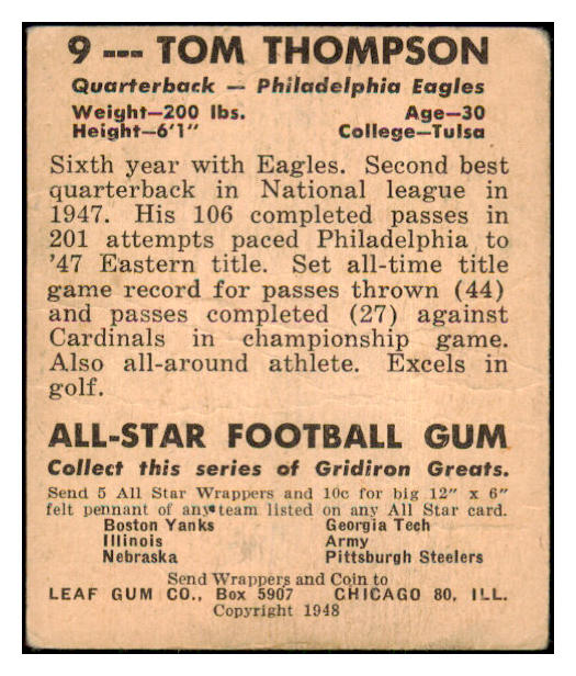 1948 Leaf Football #009 Tom Thompson Eagles GD-VG 506876