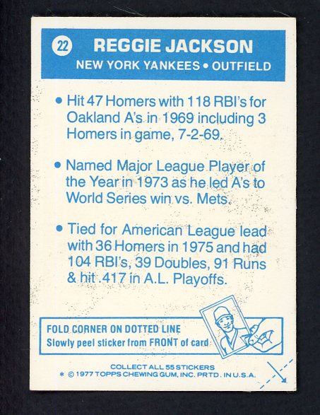 1977 Topps Baseball Cloth Stickers #022 Reggie Jackson Yankees EX-MT 506979