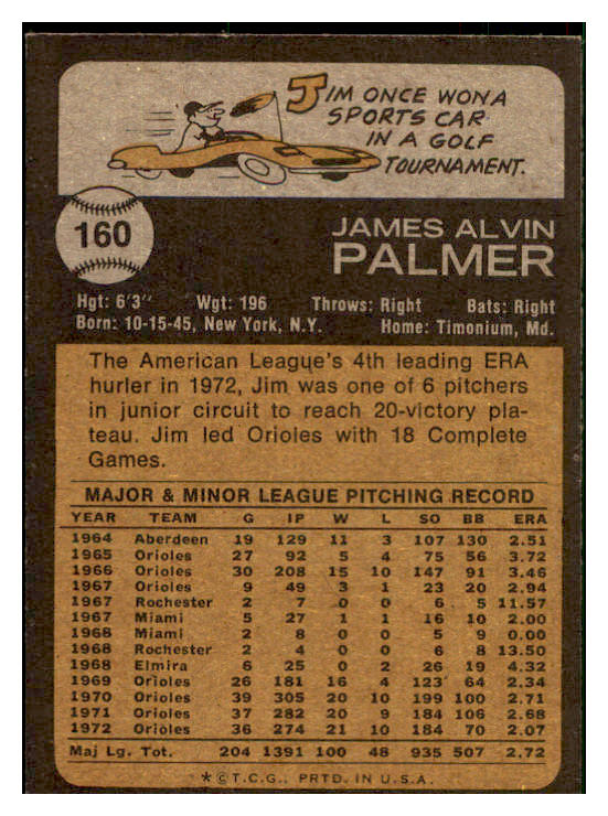 1973 Topps Baseball #160 Jim Palmer Orioles EX-MT 507123