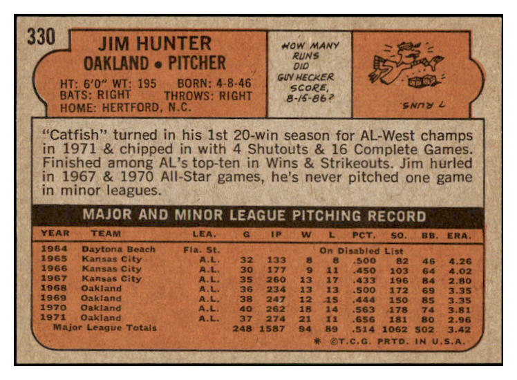 1972 Topps Baseball #330 Catfish Hunter A's EX-MT 507199