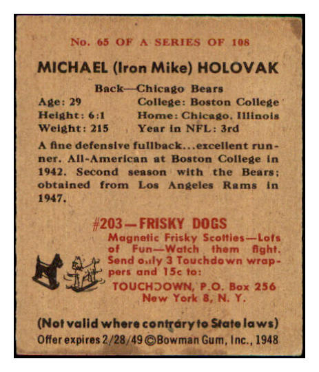 1948 Bowman Football #065 Mike Holovak Bears VG 507287