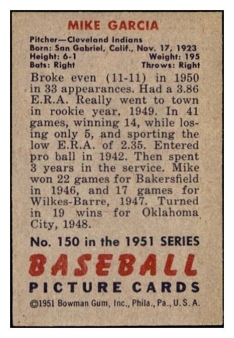 1951 Bowman Baseball #150 Mike Garcia Indians NR-MT 507306