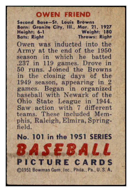 1951 Bowman Baseball #101 Owen Friend Browns NR-MT 507317