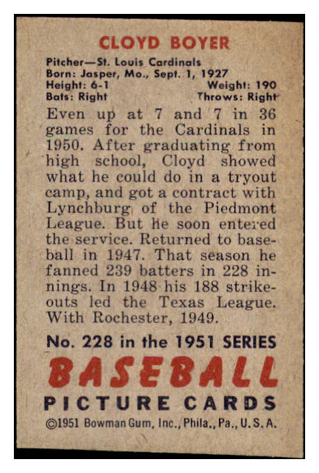 1951 Bowman Baseball #228 Cloyd Boyer Cardinals NR-MT 507334