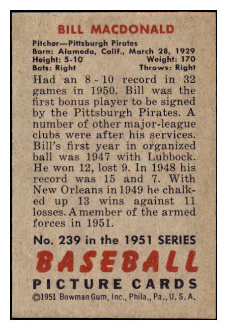 1951 Bowman Baseball #239 Bill Macdonald Pirates NR-MT 507343