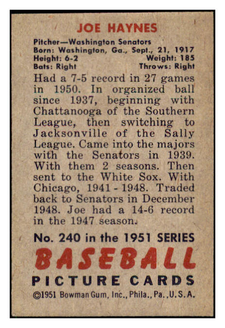 1951 Bowman Baseball #240 Joe Haynes Senators NR-MT 507344