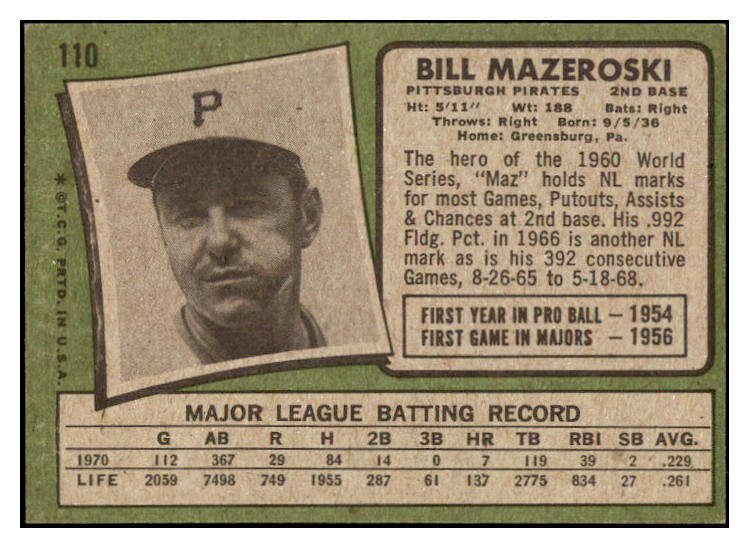 1971 Topps Baseball #110 Bill Mazeroski Pirates EX 507407