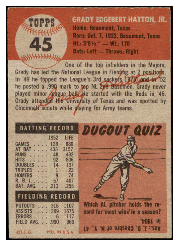 1953 Topps Baseball #045 Grady Hatton Reds EX-MT 507541