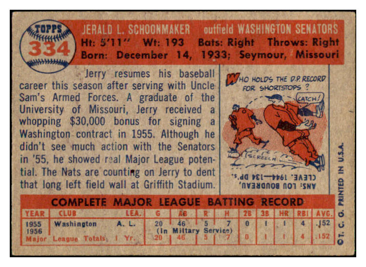 1957 Topps Baseball #334 Jerry Schoonmaker Senators EX 508327