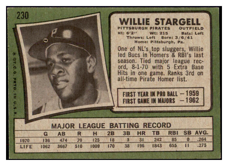 1971 Topps Baseball #230 Willie Stargell Pirates EX-MT 508741