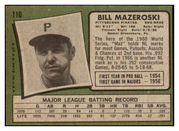 1971 Topps Baseball #110 Bill Mazeroski Pirates EX-MT 508744