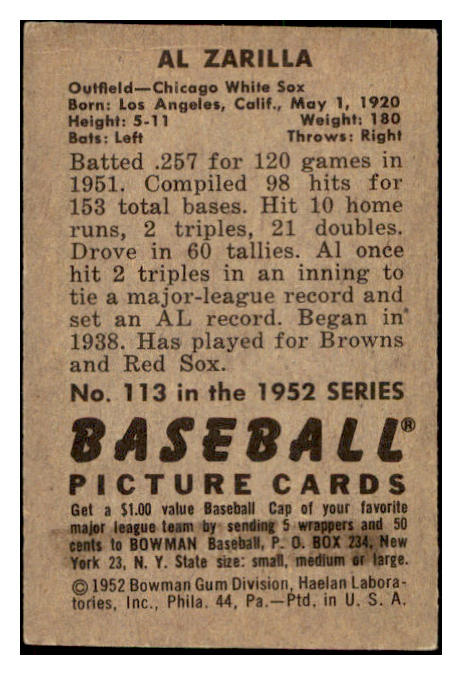 1952 Bowman Baseball #113 Al Zarilla White Sox VG-EX 508868