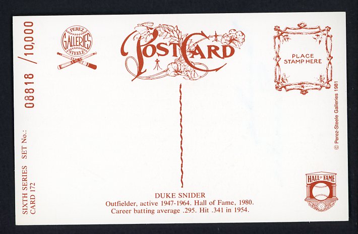 Perez Steele Postcard Duke Snider Dodgers Signed Autographed 509146