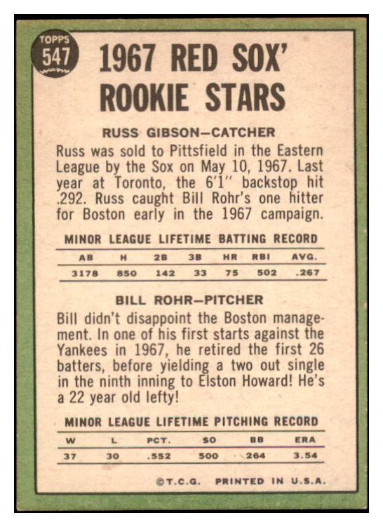 1967 Topps #547 Bill Rohr Red Sox Signed Autographed 509178