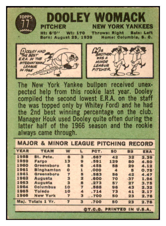 1967 Topps #077 Dooley Womack Yankees Signed Autographed 509227