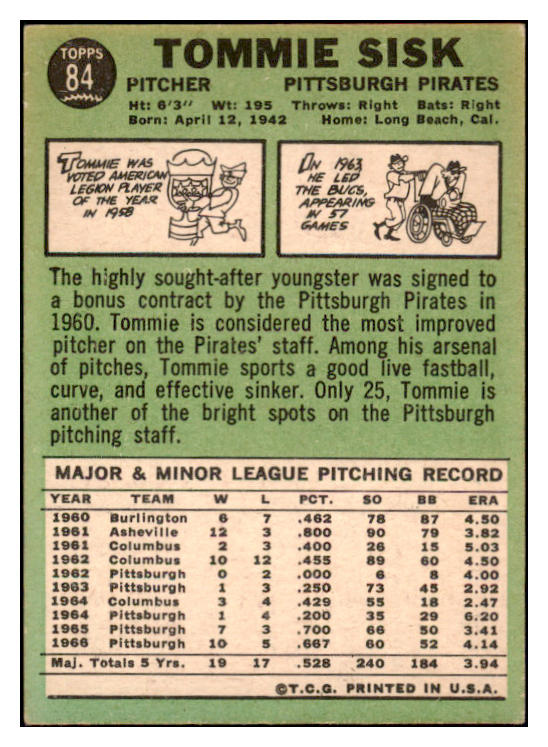 1967 Topps #084 Tommie Sisk Pirates Signed Autographed 509229
