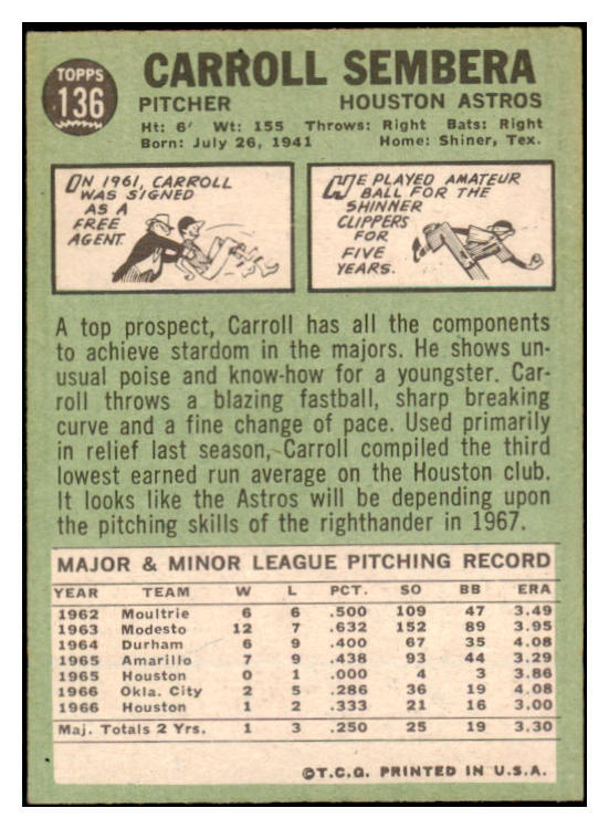 1967 Topps #136 Carroll Sembera Astros Signed Autographed 509248