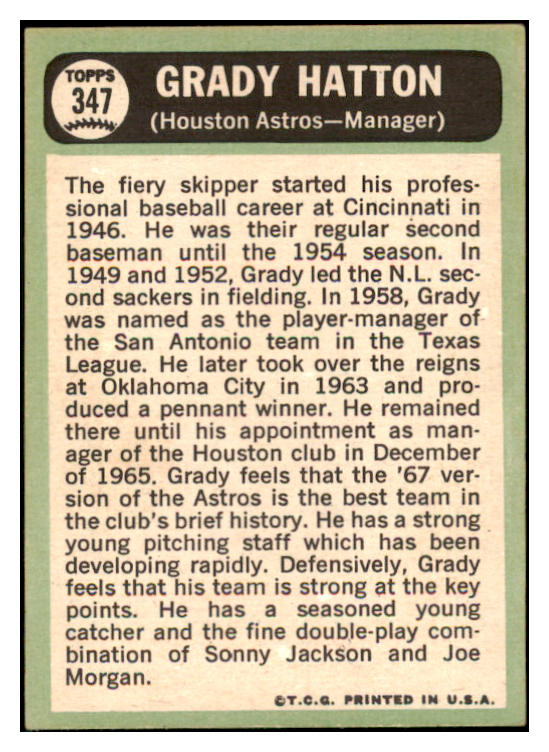 1967 Topps #347 Grady Hatton Astros Signed Autographed 509311