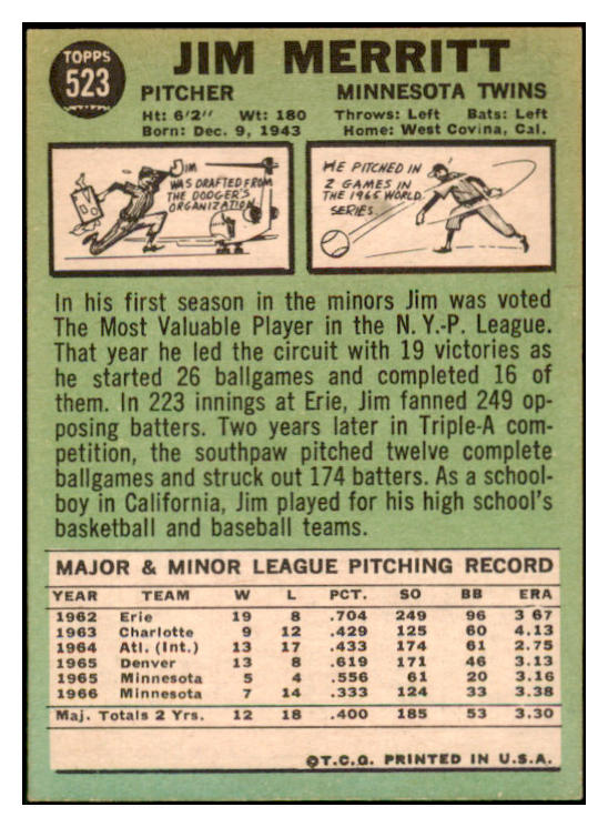 1967 Topps #523 Jim Merritt Twins Signed Autographed 509359