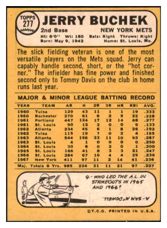 1968 Topps #277 Jerry Buchek Mets Signed Autographed 509462