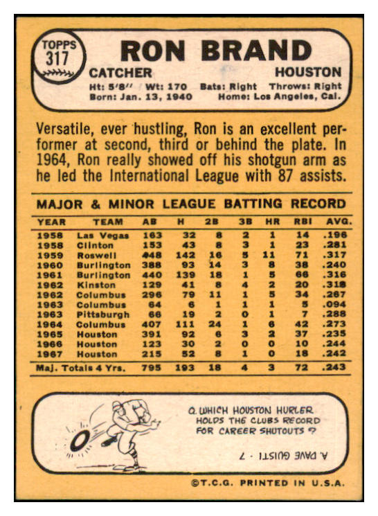 1968 Topps #317 Ron Brand Astros Signed Autographed 509473