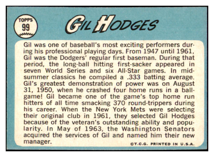 1965 Topps Baseball #099 Gil Hodges Senators EX-MT 509922