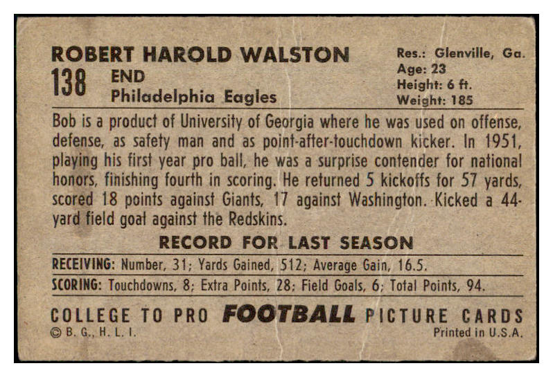1952 Bowman Large Football #138 Bob Walston Eagles GD-VG 510049