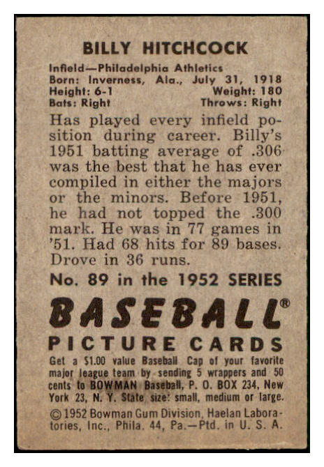1952 Bowman Baseball #089 Billy Hitchcock A's EX 510121