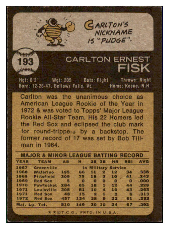 1973 Topps Baseball #193 Carlton Fisk Red Sox NR-MT 510658
