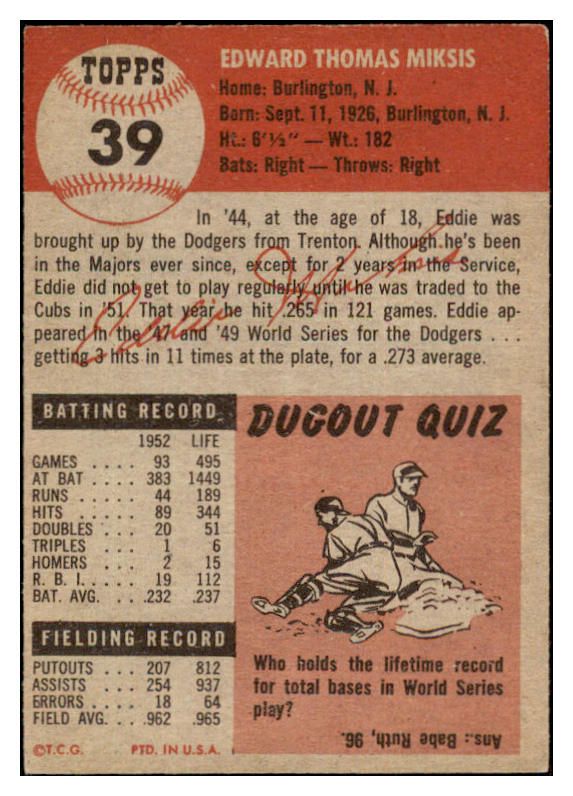 1953 Topps Baseball #039 Eddie Miksis Cubs EX-MT 510708