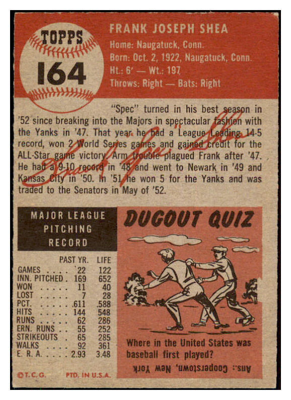 1953 Topps Baseball #164 Frank Shea Senators EX-MT 510718