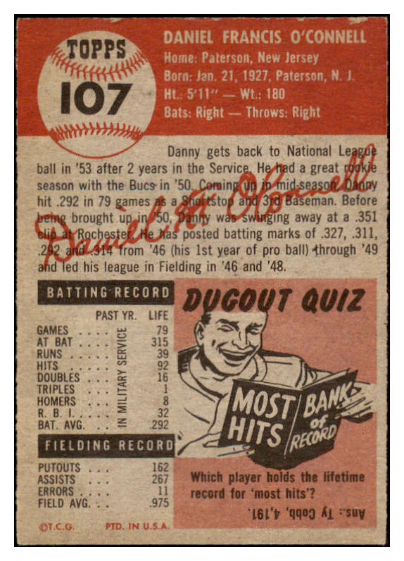 1953 Topps Baseball #107 Danny O'Connell Pirates EX-MT 510722