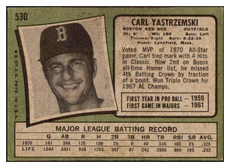 1971 Topps Baseball #530 Carl Yastrzemski Red Sox VG-EX 511475