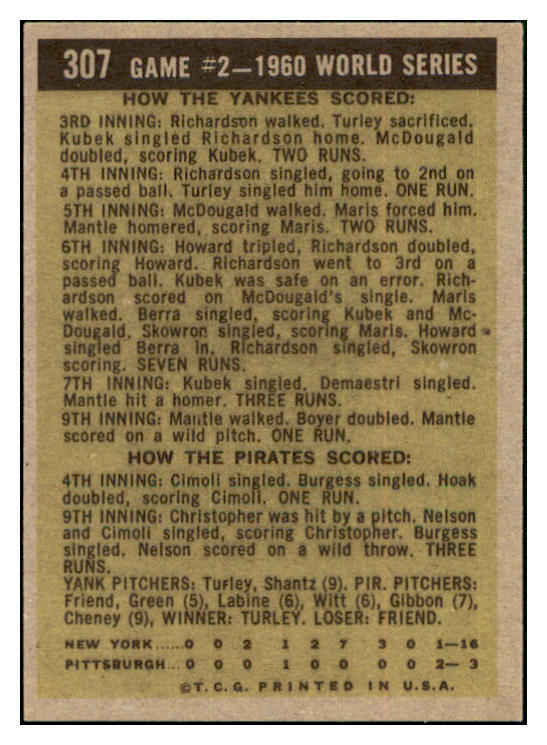 1961 Topps Baseball #307 World Series Game 2 Mickey Mantle NR-MT 511538