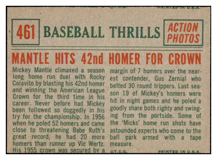 1959 Topps Baseball #461 Mickey Mantle IA Yankees EX-MT 512692