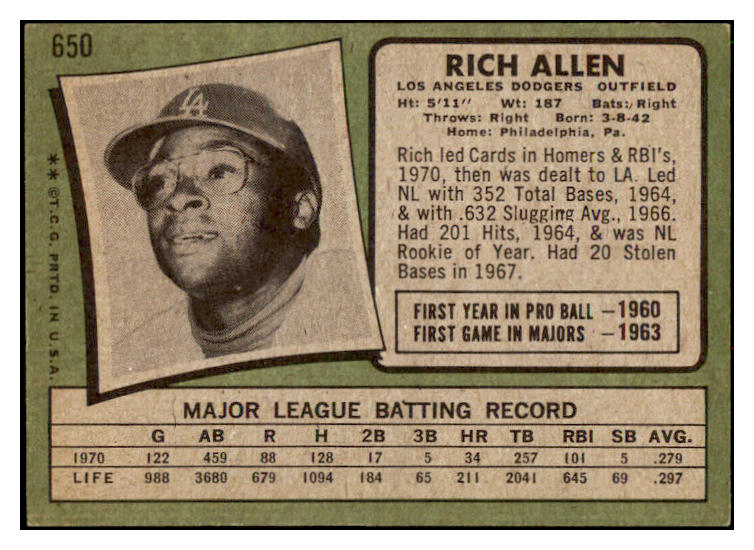 1971 Topps Baseball #650 Rich Allen Dodgers EX 512729