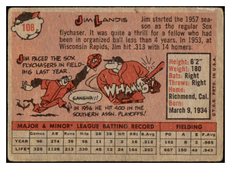 1958 Topps Baseball #108 Jim Landis White Sox VG Yellow Letter 512730