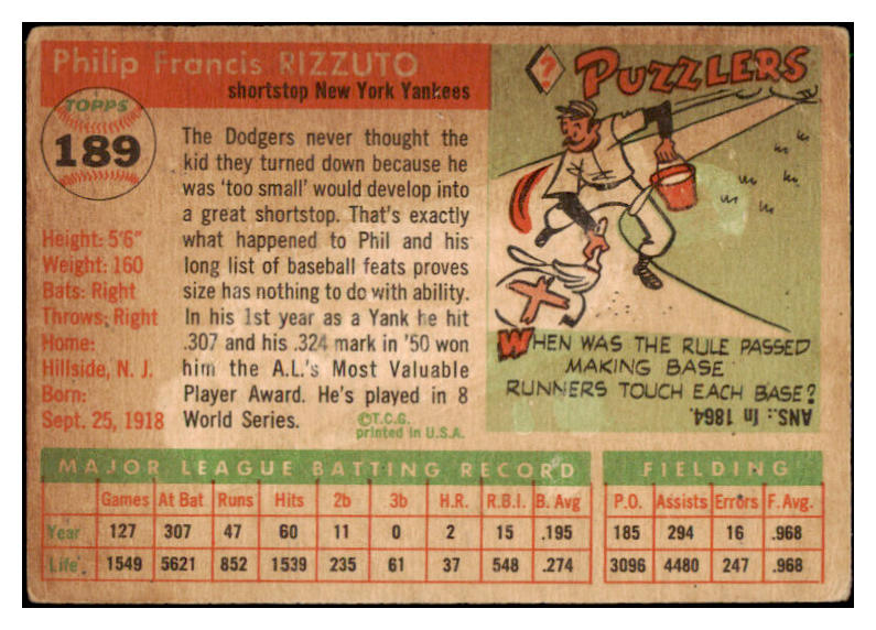1955 Topps Baseball #189 Phil Rizzuto Yankees VG 512979
