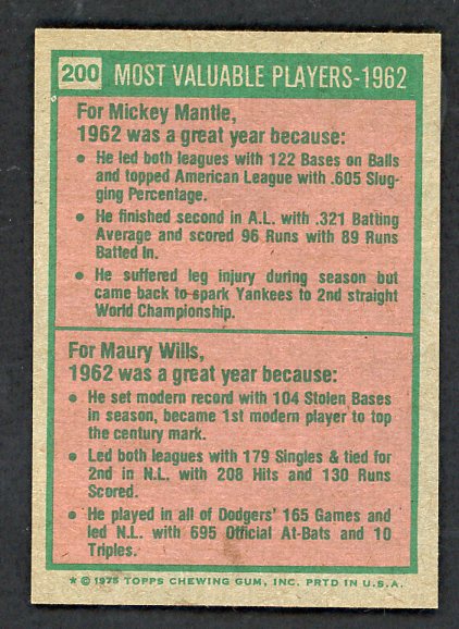 1975 Topps Baseball #200 Mickey Mantle Maury Wills EX-MT 513326
