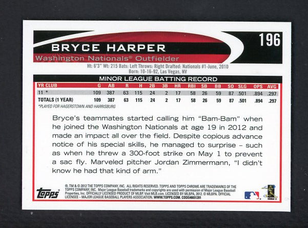 2012 Topps Chrome #196 Bryce Harper Nationals NR-MT 513972