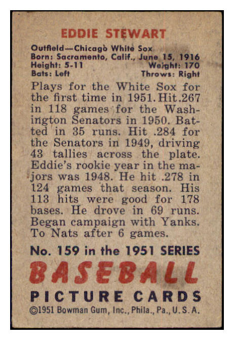 1951 Bowman Baseball #159 Eddie Stewart White Sox EX 515092