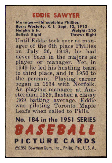 1951 Bowman Baseball #184 Eddie Sawyer Phillies EX-MT 515118