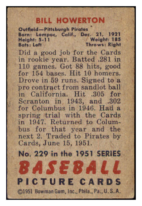 1951 Bowman Baseball #229 Bill Howerton Pirates VG-EX 515126