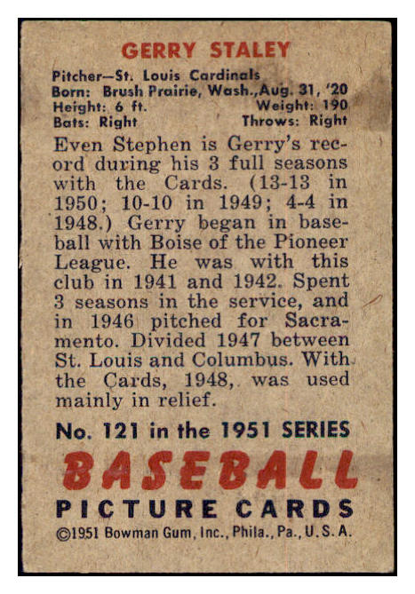 1951 Bowman Baseball #121 Gerry Staley Cardinals VG-EX 515129